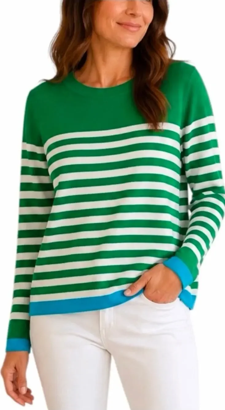 Belle by Kim Gravel Sweater Women’s M Green White Blue Stripes Knit Lightweight